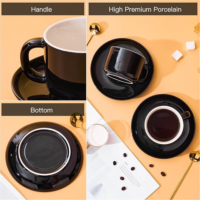 7oz Coffee Cups with Saucers and Gold Spoons - Set of 4 Cappuccino Cup, Black Porcelain Cups Serving for Tea, Latte, Mocha