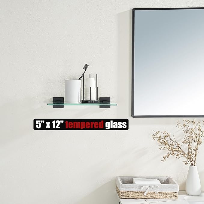 JQK Bathroom Glass Shelf Black, Tempered Glass Shower Storage 12 by 5 inches, 304 Stainless Steel Matte Black Wall Mount 2 Pack, TGS201L12-PB-P2