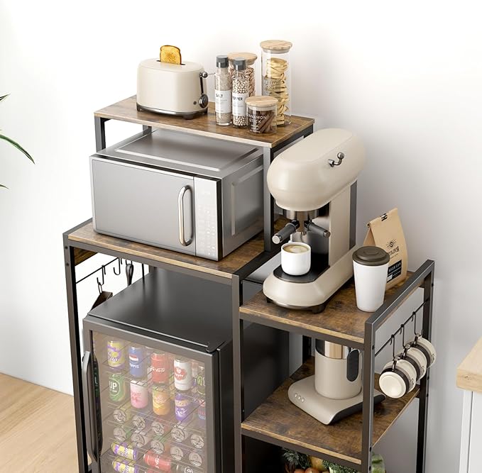 Mini Fridge Cabinet with Storage Shelves, Microwave Stand with 2 AC/2 USB Outlets, Coffee Bar Cabinet with Mini Fridge Space, Utility Storage Shelf for Home Kitchen Dorm Office