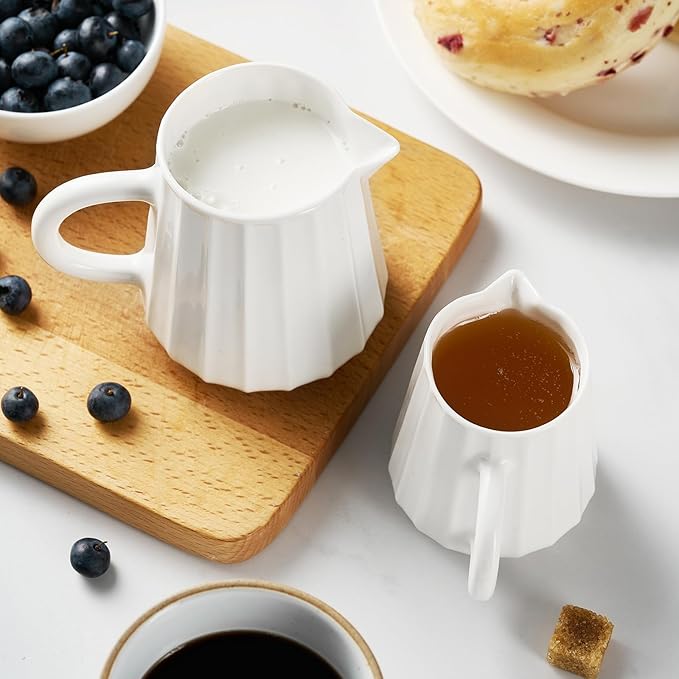 Gurygo Wave Shaped 2 Pack 5 Oz Classic White Creamer with Handle - Small Ceramic Creamer Pitcher Set - Fine Porcelain Small Milk Pitcher for Coffee Milk Sauces Salad, Microwave Safe