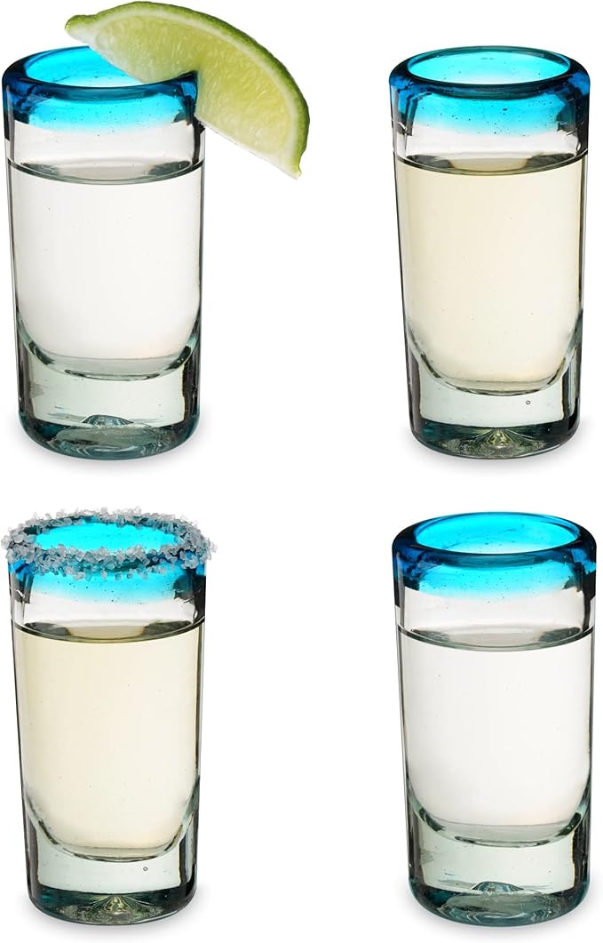 Segunda Vida Twine Primavera Colorful Shot Glasses with Blue Rims, Handmade Mexican Glass Hand Blown, 100% Recycled Glassware, 1 oz Set of 4
