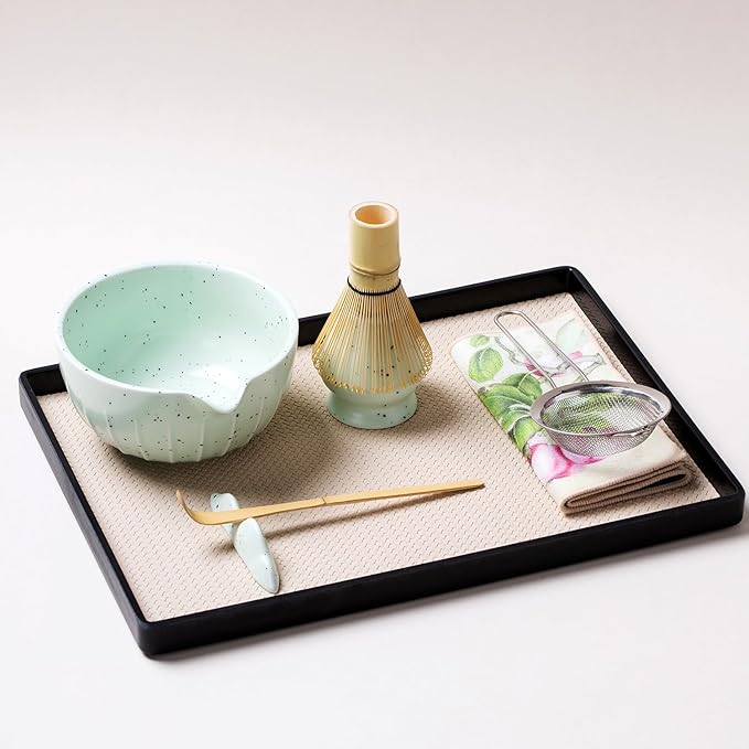 7Pcs Japanese Matcha Tea Set, Matcha Kit with Matcha Bowl (with Pouring Spout), Matcha Whisk, Whisk Holder, Strainer - Elegant Matcha Set for Gifting and Personal Use, Gift Box Packaging (Green spots)