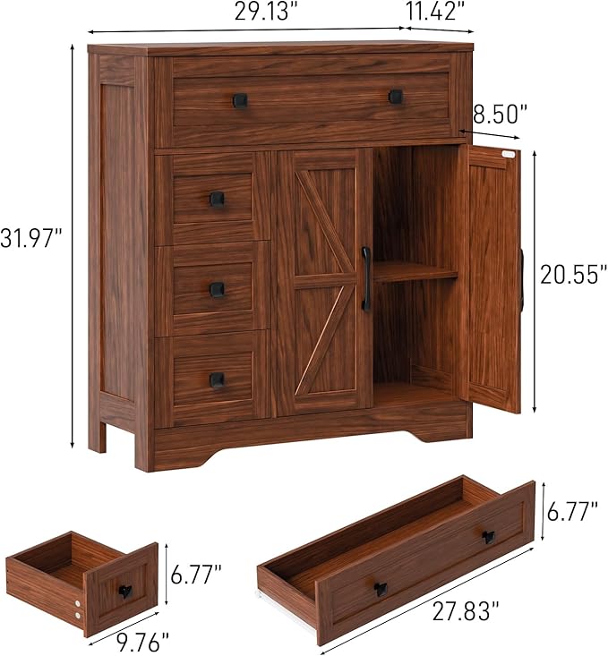 Vabches Farmhouse Storage Cabinet with 2 Doors and 4 Drawers, Freestanding Bathroom Storage Cabinet Kitchen Pantry, Floor Hutch Cupboard for Living Room/Bathroom/Kitchen,Walnut