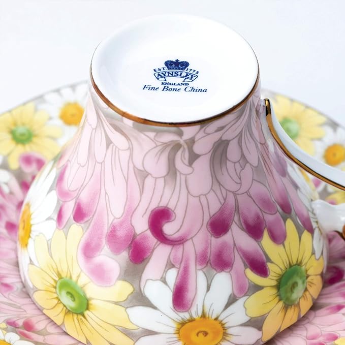 Aynsley Daisy Corset Fine Bone China Teacup and Saucer Set - 5.07oz Hand-Painted Gold-Trimmed Corset-Shape Set, Fancy Gift for Birthdays/Mother’s Day/Tea Lovers (Pink)