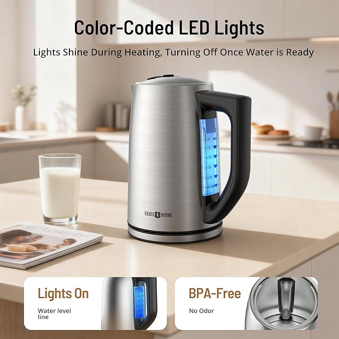 Electric Kettle Temperature Control, 1.7L Stainless Steel Tea Pot, Hot Water Boiler with LED Light,1500 Watts for Fast Heat Up, Strix Thermostat, Auto Shut-Off, Boil-Dry Protection, Keeping Warm