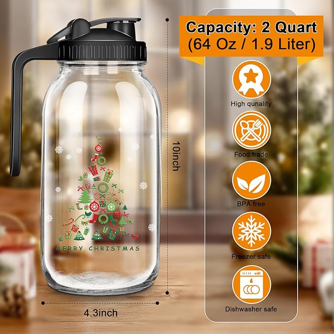 Breast Milk Pitcher Glass Pitcher with Lid, 64 oz 2 Quart Mason Jar Pitchers with Lid and Spout, Wide Mouth Glass Jug Sun Tea Pitchers, Cold Brew Coffee pitcher, Fridge Container for Water-Christmas