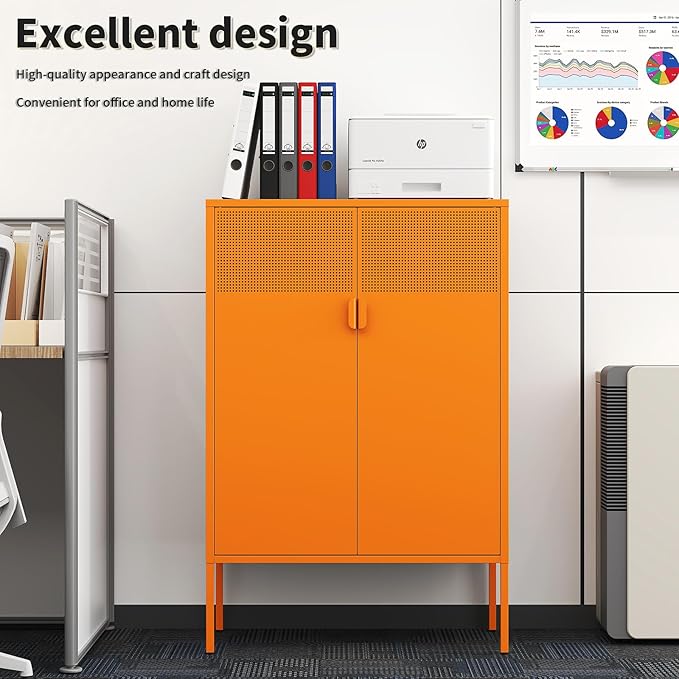 Orange Metal Storage Cabinet with 2 Doors - 47''H Locker Cabinet, 3 Tier Locker with Adjustable Shelves, Office Storage Locker for Office, Home, Living Room, Kitchen
