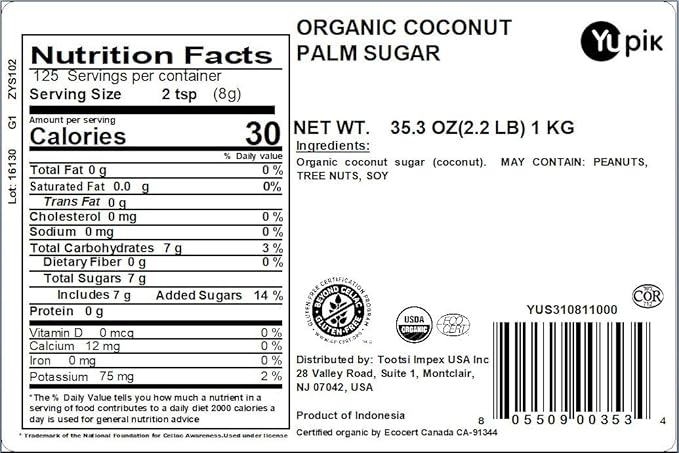 Yupik Organic Coconut Palm Sugar 2.2 lb (35.2 oz), USDA Certified, Non-GMO, Vegan, Gluten-Free, Kosher, Unrefined Natural, Sweetener & Brown Sugar Alternative for Baking & Cooking