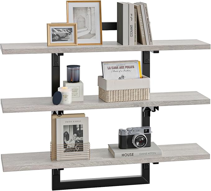 Bestier Floating Shelves for Wall, 32 inch Kitchen Shelves Wall Mounted, 3 Tier Coffee Bar Shelf with Foldable Brackets, Industrial Display Shelf for Bathroom, Living Room, Retro Grey