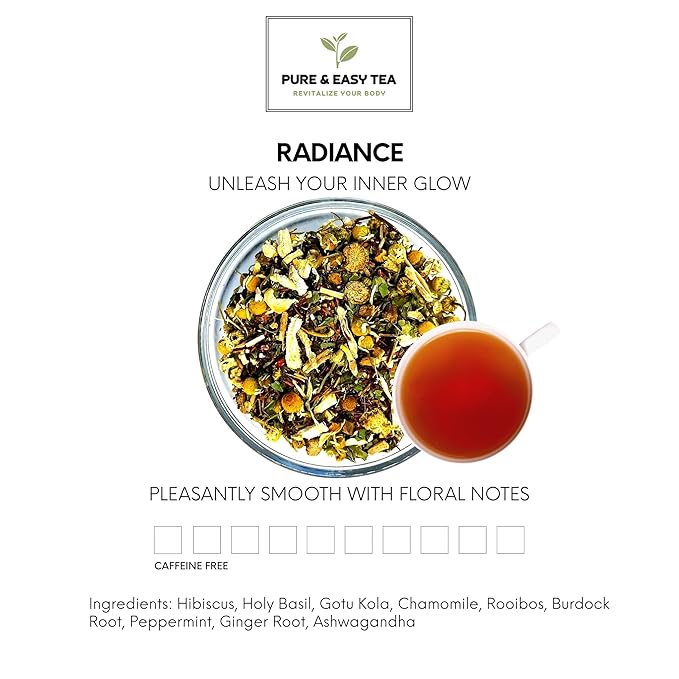 Pure And Easy Tea, Radiance, Herbal Tea for Healthy-Looking Skin, Caffeine-Free Whole-Leaf Botanical Blend (100g)