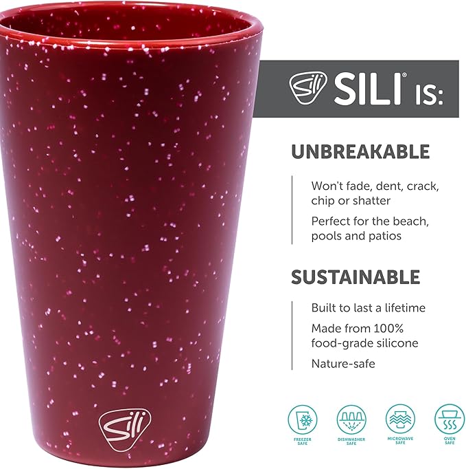 Silipint 16oz Silicone Pint Glass – Unbreakable BPA-Free Reusable Silicone Drinking Cup – Flexible Dishwasher Microwave & Freezer Safe – Stemless Glass for Water Coffee Smoothies (Speckled Red)