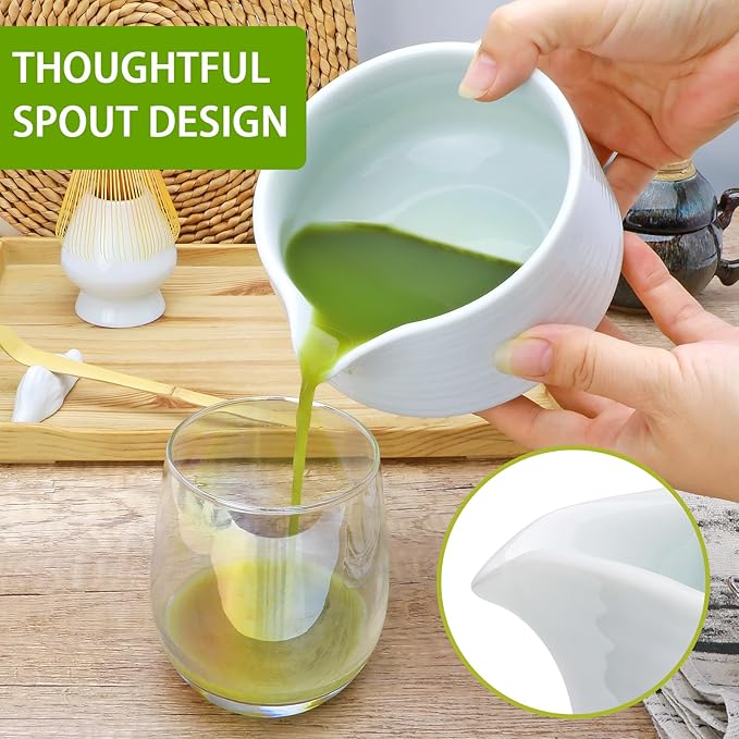 Accguan Matcha Whisk Set, 7pcs - Bamboo & Ceramic, Includes 19 oz Bowl, Whisk, Spoons, Holder, Sifter & More - Perfect for Matcha Lovers
