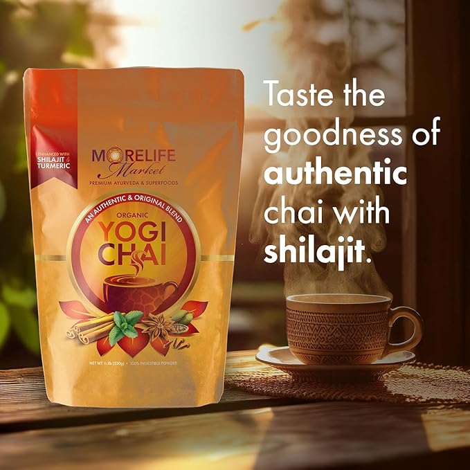 MoreLife Market Yogi Chai | Ayurvedic Turmeric & Shilajit Blend for Digestion, Immunity & Calm | Organic Herbal Tea Powder for Wellness | Caffeine-Free Traditional Indian Chai - 8oz (230g)