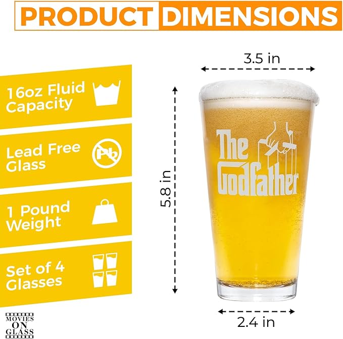 The Godfather Etched Pint Beer Glass - Officially Licensed, Premium Quality, Handcrafted Glassware, 16oz. Set of 4 - Perfect Collectible Gift for Movie Lovers, Birthdays & Special Occasions