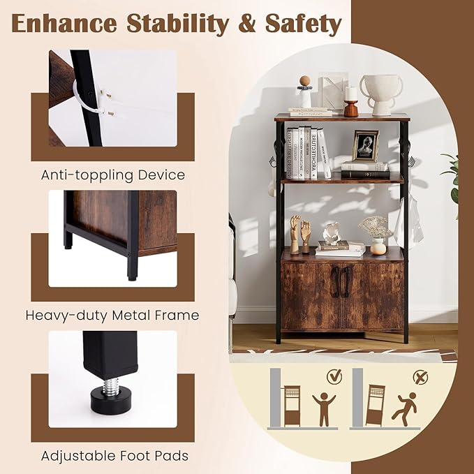 GOFLAME Kitchen Baker's Rack with Cabinet, 3-Tier Pantry Cabinet with 2 Open Shelves, 10 S-Shaped Hooks, Industrial Microwave Oven Stand with Metal Frame, Bookshelf Rack for Living Room, Brown