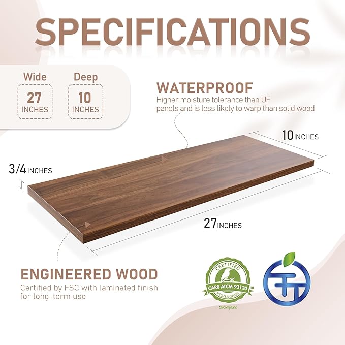 Kaboon 27 inch Long 10 inch Deep Floating Shelves for Wall Set of 2, Large Open Shelves Wall Mounted, Space Saving Home and Commercial Use, Walnut