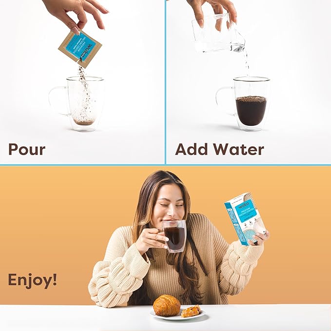 Waka Premium Instant Coffee Sachets — 100% Arabica Freeze Dried Beans — For Hot or Iced Coffee (8 Count, Medium Roast)