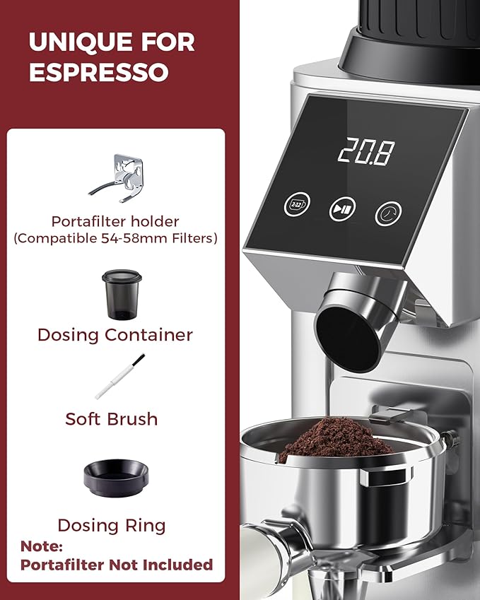 Tuni G1 Conical Burr Coffee Grinder, 48 Grind Settings Anti-static Burr Mill, Precision Electronic Timer and LED Touchscreen for Espresso/Drip/Cold Brew/French Press, Stainless Steel, Silver