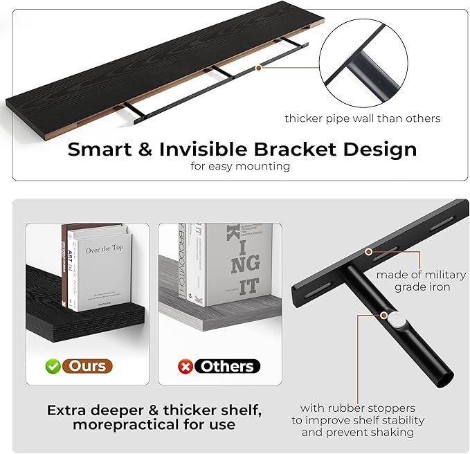 Fun Memories 72 Inch Floating Shelves for Wall, Fireplace Mantel Shelf with Invisible Heavy Duty Bracket, 8 Inch Deep Storage Shelf for Living Room, Kitchen, Farmhouse, Black