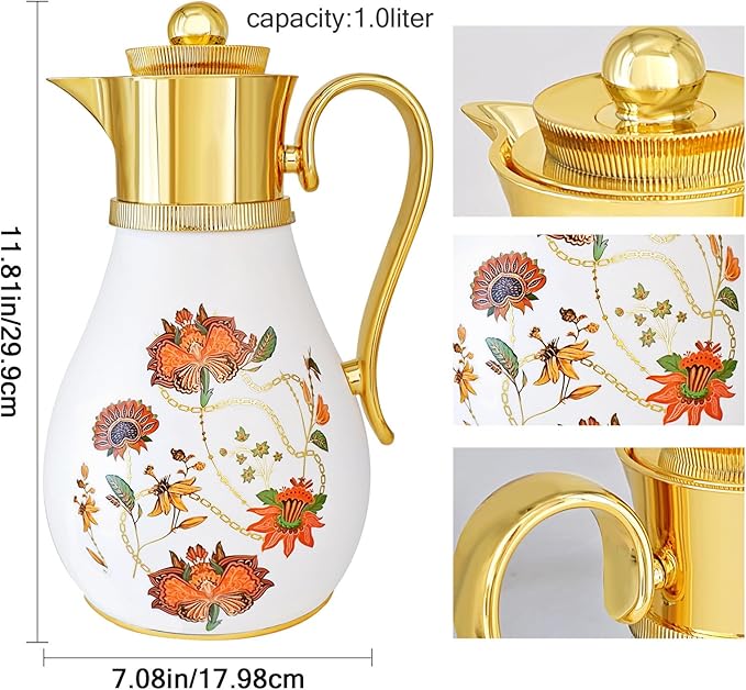 Arabic-Style Insulated Thermal Coffee Carafe, 33 oz, Coffee Pot,Insulated Carafe Flask for Hot Cold Drink Tea,Housewarming Ornaments (Flower)