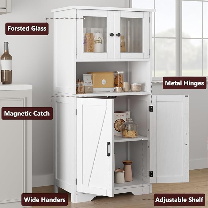 Storage Cabinets, 54 Inch Tall Hutch Bar Cabinet with Glass Doors and Adjustable Shelves, Wooden Kitchen Pantry Storage Cabinet, for Living Room,Rustic Brown