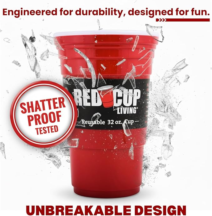 Red Cup Living 32Oz Tumbler, Insulated Reusable Plastic Drinking Glasses, Summer Cup, Beer Stein, Travel Coffee Tumbler for Hot & Cold Drinks, Water Container Kitchen Cup, Party Essentials Pack of 4