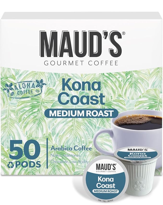 Maud's Kona Coffee Pods, 50ct, Medium Roast Coffee in Recyclable Single Serve Pods – 100% Arabica Coffee, Compatible with Keurig K Cups Maker