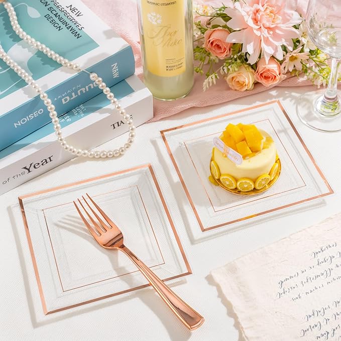 bUCLA 100 Pieces Clear Rose Gold Square Plastic Plates - 6 Inch Clear Plastic Dessert/Cake Plates with Rose Gold Trim Disposable - Ideal for Party, Wedding, Mother's Day & Valentine's Day