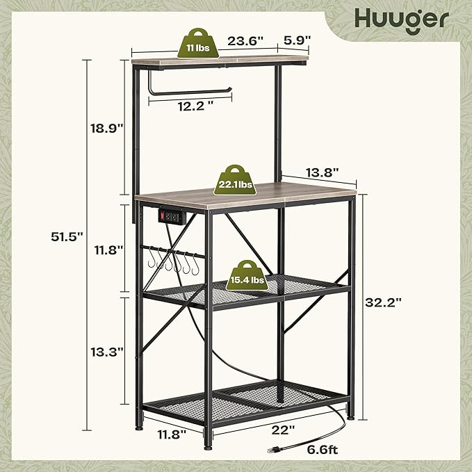 Huuger 4-Tier Bakers Rack with Reversible Power Outlet, 23.6 Inch Microwave Stand, Kitchen Coffee Bar, with Top Shelf, 6 S Hooks, Greige