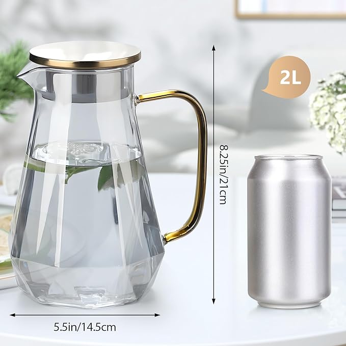 2L Borosilicate Glass Water Pitcher with Lid, 68oz Iced Tea/Coffee Carafe with Spout, Cold Brew Coffee Dispenser, Water Jug for Juice, Homemade Beverage, Diamond Cut Design for Refrigerator