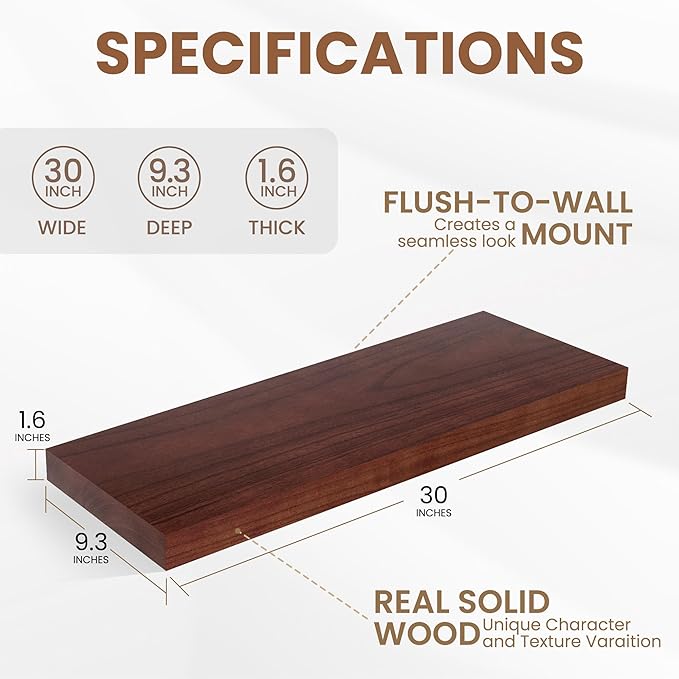 Fun Memories 9 Inch Deep Floating Shelves, Rustic Solid Wood Floating Shelf 30 Inch Long, 30 x 9 Wide Bathroom Shelves for Storage & Display, Red Brown