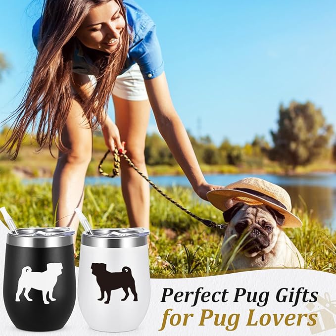 Lifecapido Pug Gifts for Pug Lovers, Pugs Silhouette 12oz Stainless Steel Wine Tumbler Set of 2, Birthday Christmas Gifts for Dog Lovers Dogs Parents Dogs Mom Dad, Black and White