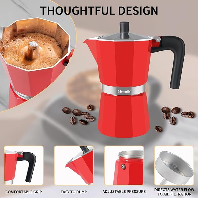 Mongdio Stovetop Espresso Maker Moka Pot, Stove Top Cuban Coffee Maker, Italian Greca Mocha Pot, 9 Espresso Cups, 15 oz - Red