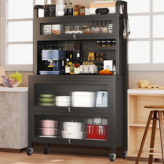 Bakers Rack with Wheels, 5-Tier Coffee Bar with Wheels, Microwave Stand with Storage, Kitchen Shelves for Kitchen Pantry, Storage Room, Black