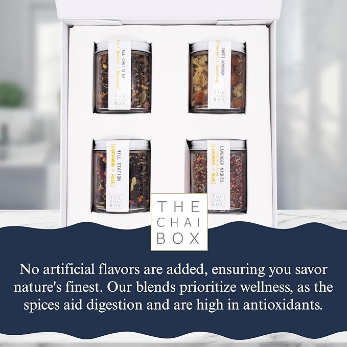 The Chai Box Ultimate Tea Lover's Gift Set - Featured in Oprah's Favorite Things | Caffeinated and Caffeine Free Loose-Leaf Tea Gift Box (Pack of 4) 10 oz | Small Batch Assorted Tea Sampler with Whole, Premium Spices