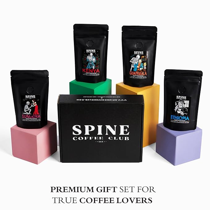 Spine Coffee Club LLC 4-Pack Gourmet Coffee Sampler Gift Box Set with Ethiopia, Sumatra, Guatemala, Kenya Single Origin Selection - Whole Bean