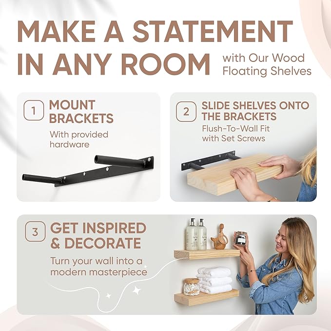 Homeforia 18 inch Wood Floating Shelves, High End Solid Natural Wood 18inch Floating Shelf for Wall Mounted, Unfinished Wooden 18in Floating Shelves, Heavy Duty Bracket, 18 X 6.5 X 1.75 inch, Set of 4