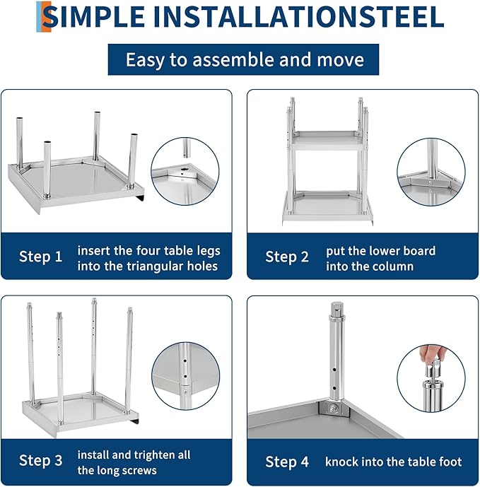 12x24x30 in Stainless Steel Equipment Grill Stand Table 400 LBS Capacity NSF Certified with Adjustable Legs, 2 in Edge Baffle, for Hotel, Home, Commercial Restaurant Kitchen