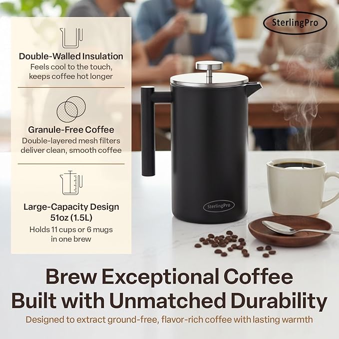 Stainless Steel French Press Coffee Maker Large 1.5 L(51 oz) Black – Durable Double Walled Insulated Coffee Press Keeps Drinks Hot, Easy to Use and Clean Stylish Design for Rich Flavor