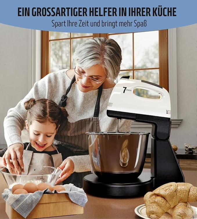 Stand Mixers, 7 Speeds With 3QT Stainless Steel Bowl, Stand and Hand Mixer with Dough Hook, Whisk, Mixing Beater for Baking, Cake, Cookie, Kneading (AL1)