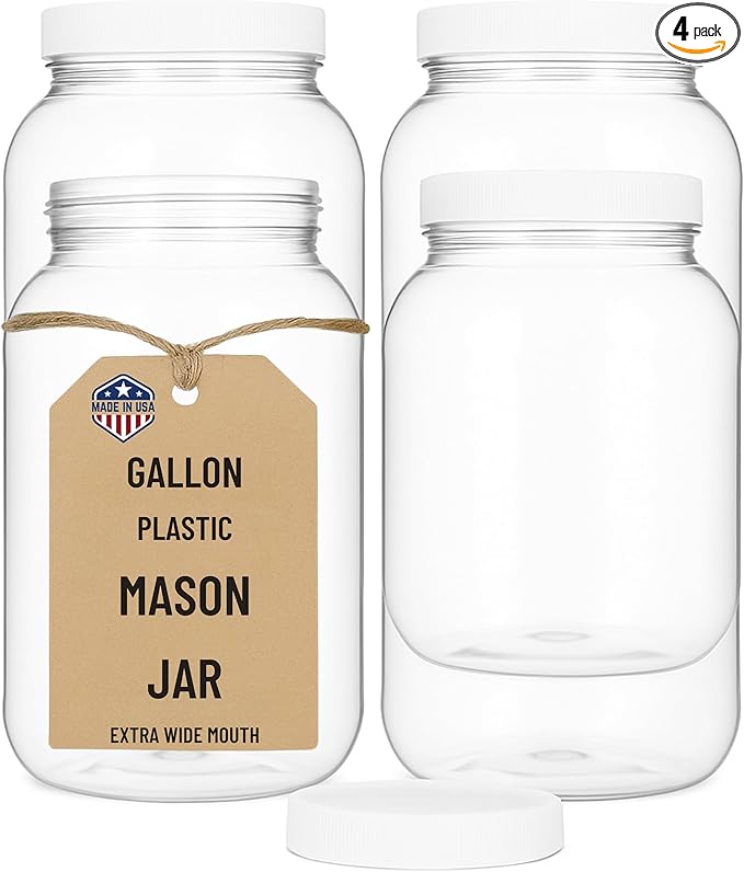 kitchentoolz 1 Gallon Plastic Mason Jar with Airtight Lid – Extra Wide Mouth Clear Storage Container – Made in USA – 4 Pack
