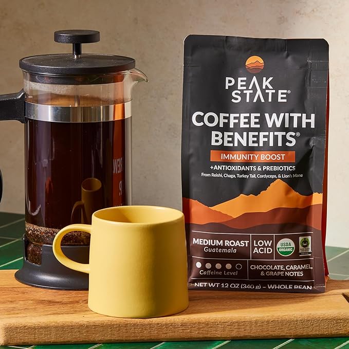 Peak State Immunity Boost Medium Roast – Organic Mushroom Coffee, Low Acid & Smooth, Dark Chocolate & Sweet Grape Notes, Whole Bean, Gluten Free, 12 oz (2 Pack)