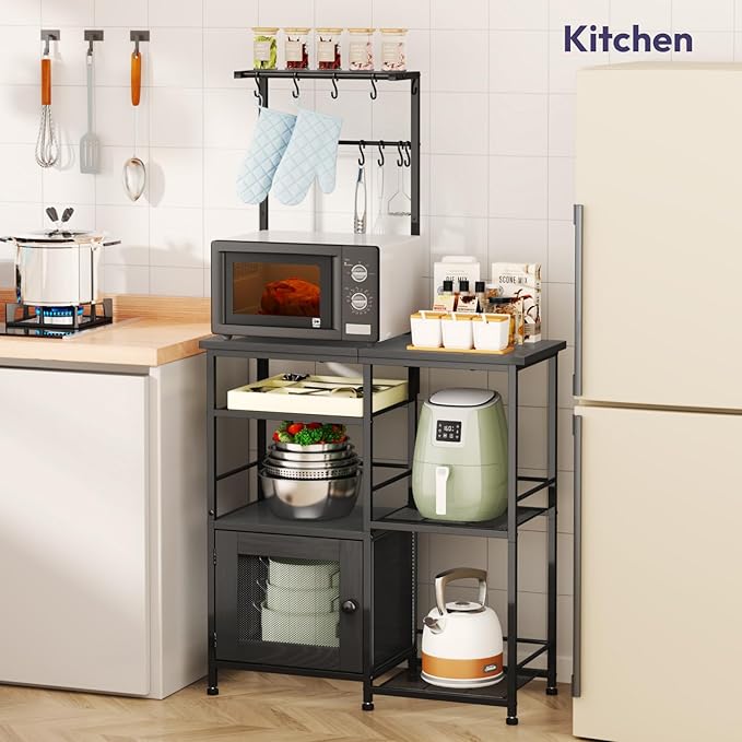 SWTYMIKI Bakers Rack with Storage - Coffee Bar Cabinet Organizer with 8 Hooks, Shelves & Cabinet Door, Coffee Station for Kitchen Dining Room, Microwave Stand with Adjustable Feet, Black