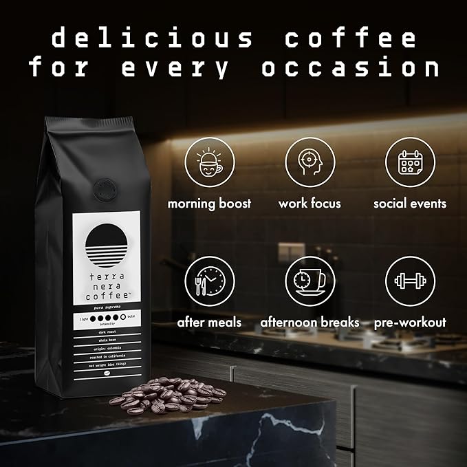 Terra Nera Coffee - Colombian Supremo Whole Bean Coffee Beans - Extra Dark Roast, Espresso-Style Arabica - Bold & Smooth Flavor - Small-Batch Roasted in the USA - 16oz (1lb / 1 Pound) Bag with Degas Valve