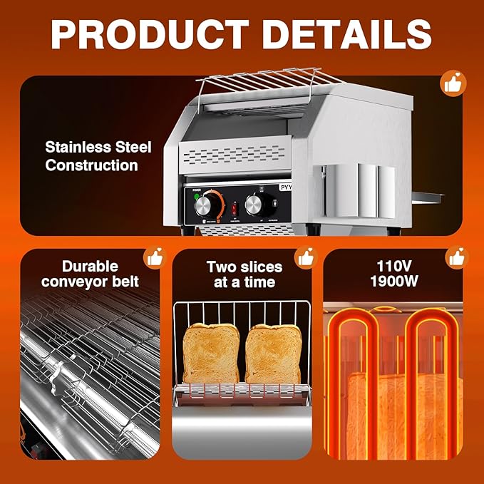 PYY Commercial Conveyor Toaster 300 Slices/Hour, Electric Conveyor Belt Toaster for Toast, Bun, Bagel, Bread, Heavy Duty Stainless Steel Toaster Oven for Restaurant, Bakery, Buffet Use