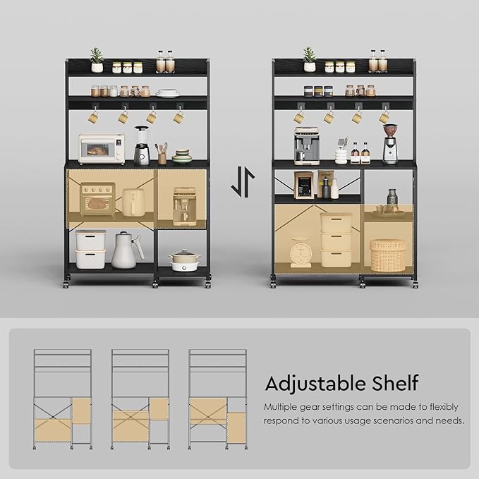 Kitchen Bakers Rack with Storage，Microwave Stand with Wheels，with Adjustable Shelves，Kitchen Shelves，Coffee Bar with 10 S-Shaped Hooks，35.4 * 15.8 * 61 Inches，Black