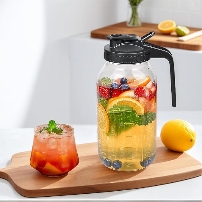 3 Pack 64oz Glass Mason Jar Pitcher with Airtight Lid and Handle – Wide Mouth, Leak-Proof, Ideal for Sun Tea, Cold Brew, Lemonade, Iced Coffee, Milk, and Water (Black)