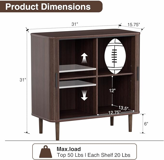 35" Fluted Accent Buffet Cabinet, Walnut Small Storage Sideboard with Sliding Door, Mid Century Modern Credenza with Solid Wood Leg, Wine Coffee Bar Console Table for Kitchen, Entryway, Living