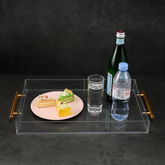 Clear Acrylic Tray with Metal Handle,No Need to Assemble-for Ottoman,Coffee Table, Breakfast, Tea, Food, Butler - Decorative Tray (12x18 Inch, Clear)
