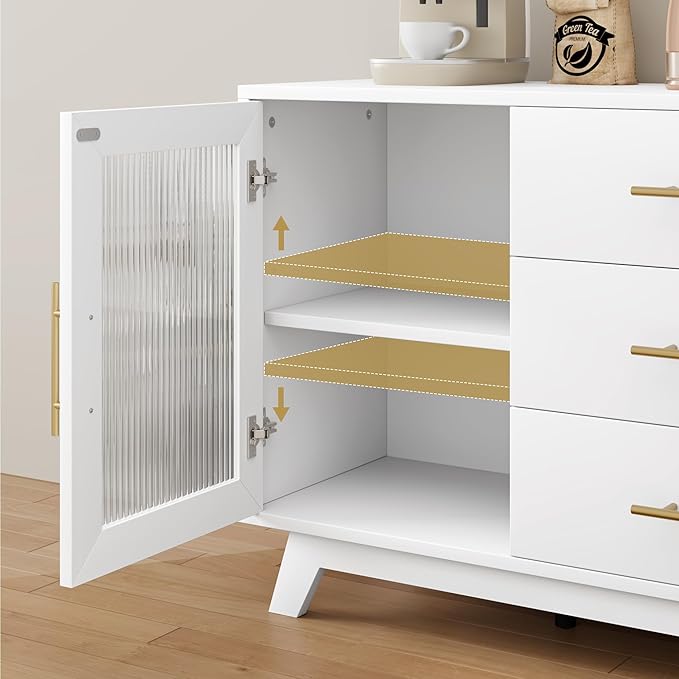 CABIHOME Buffet Cabinet, 56" Sideboard Buffet Storage Cabinet with Adjustable Shelves and Fluted Glass Door, Modern Coffee Bar, Table for Kitchen, Dining Room, White